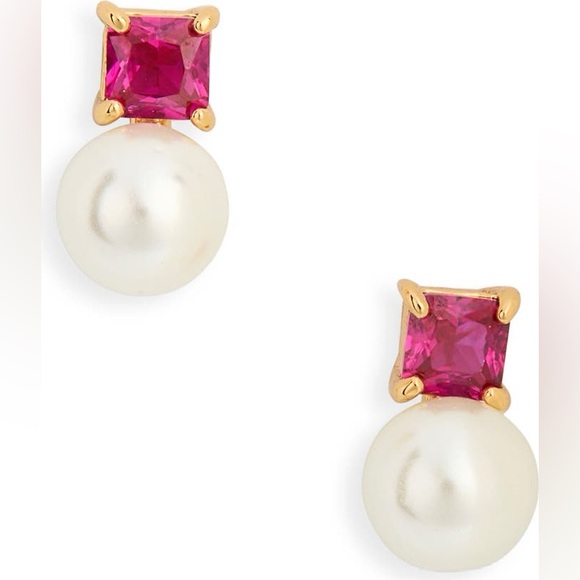 NWT -KATE SPADE little faux pearl & cubic zirconia stud earrings - Deep Magenta - Picture 2 of 6
